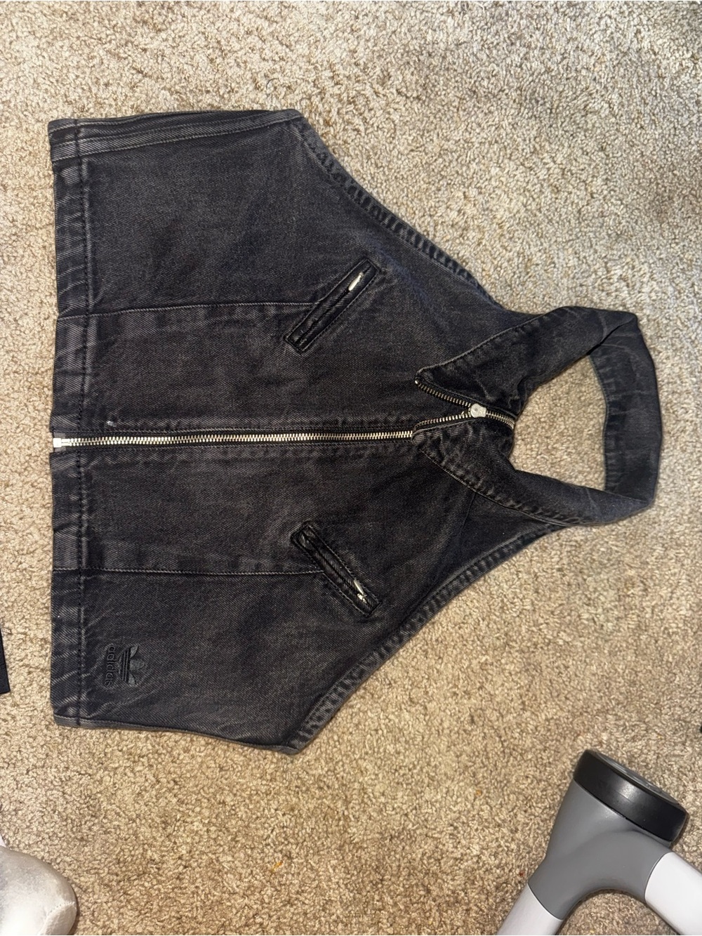 adidas Black Washed Denim Zip Vest with Stand Collar